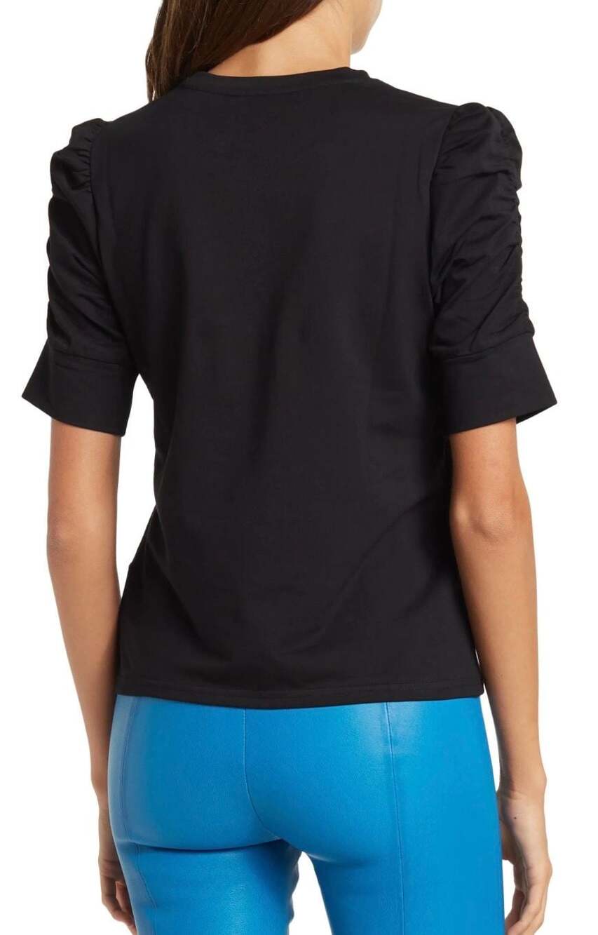 Walter Baker Black Ruched Puff Sleeve Crewneck Top Size M